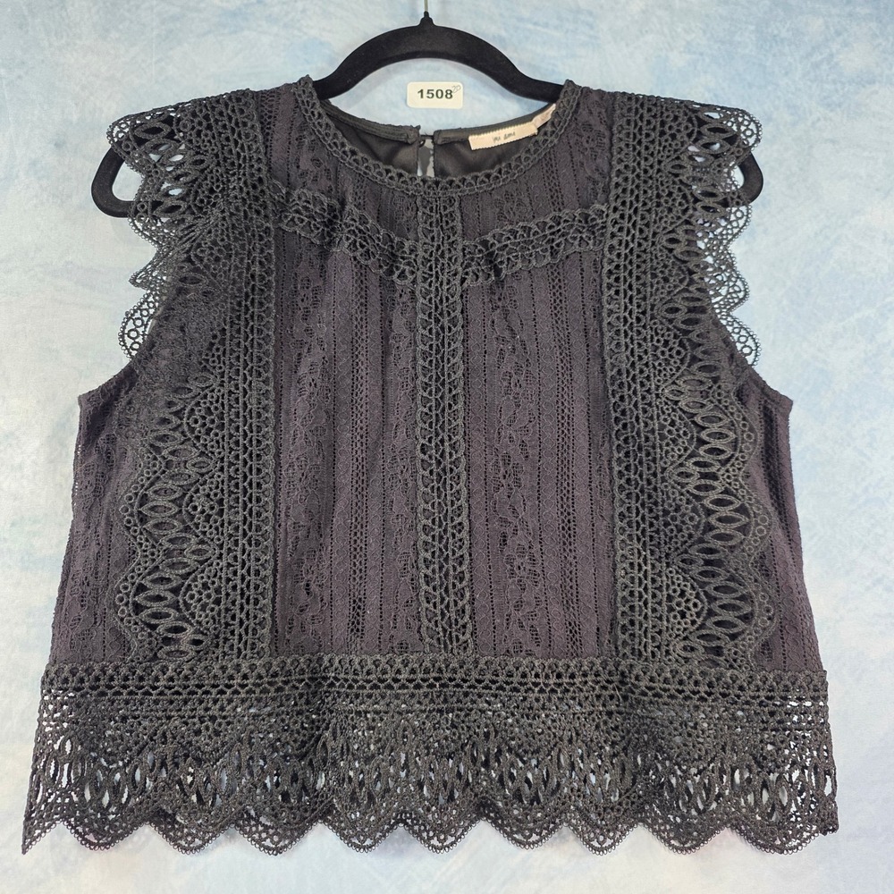 Mi Ami Black Lace Crochet Sleeveless Top Boho Scalloped Hem Size Large